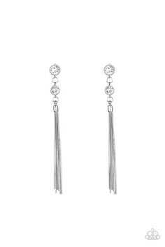 Glassy white rhinestones trickle from the ear, giving way to a shimmery silver chain tassel for a refined look. Earring attaches to a standard post fitting. Sold as one pair of post earrings. Silver Chain Earrings, Paparazzi Accessories, White Rhinestone, The Ear, Paparazzi Jewelry, White Earrings, Rhinestone Earrings, Chain Earrings, Jewelry Party