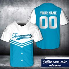 custom baseball jersey with your name and number on the front, shown in blue and white