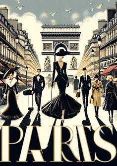 an advertisement for the paris fashion show, featuring women in dresses and men in tuxedos