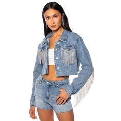 Azalea Wang's Rhinestone Fringe Denim Jacket Is Crafted From Washed Denim And Features A Collared Neckline, Buttoned Flap Chest Pockets, Raw Hem And Button Front Closure. It Is Completed With Rhinestone Chain Fringe Along The Chest And Back Pockets. - 100% Cotton - Spot Clean Only - No Stretch * 100% Cotton Cowboy Fringe, Fringe Denim Jacket, Rhinestone Cowboy, Rhinestone Fringe, Chain Fringe, Azalea Wang, Rhinestone Chain, Washed Denim, Light Blue Denim