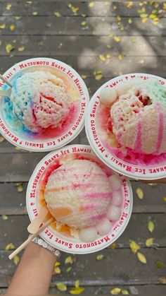 three ice creams with different colors on them