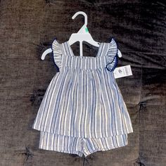 Matching Top And Bottom Blue And White Stripes Never Worn Nwt Navy Cotton Sets For Spring, Cute Blue Beachwear Set, Cute Blue Beach Set, Cute Blue Sets For Summer, Blue Summer Tops For Playtime, Boy Suspenders Outfit, Baby Boy Football, Striped Set, Suspenders For Boys