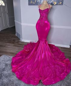 Hot Pink Mermaid Prom Dress with Tie Back Pink Mermaid Prom Dress, Hot Pink Prom Dresses, Pink Prom Dresses Mermaid, Birthday Party Dresses, Dresses Birthday