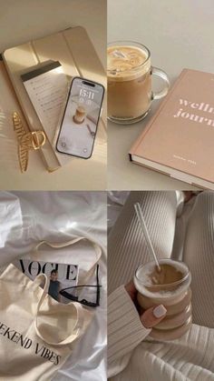 the collage shows coffee, book and phone