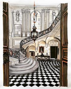 a drawing of a staircase in a building with black and white checkered flooring