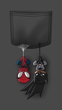 a spiderman hanging from the side of a pocket with two masks attached to it