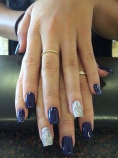 Dark Navy Blue And Silver Nails, Navy Silver White Nails, Navy Blue White And Silver Nails, Sparkly Navy Blue And Silver Nails, Midnight Blue Coffin Acrylic Nails, White With Navy Blue Nails, Navy And Glitter Nails, Sparkle Navy Blue Nails, Dark Blue And Silver Glitter Nails