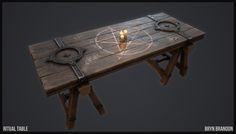 a wooden table topped with metal objects on top of a black background in the shape of a pentagram