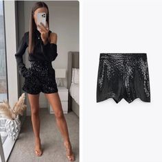 New With Tag. High-Waisted Shorts. Back Hidden In-Seam Zip Closure. Composition 96%Polyamide 4%Elastane 4387/297 Boxb8 Sequin Short, Satin Shorts, Zara New, Zara Shorts, Knee Length Shorts, Orange Shorts, Sequin Shorts, Boho Lace, Leather Shorts