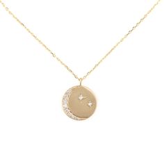 14k solid gold round disc measures 15mmx15mm with pave diamond set in the shape of a crescent moon. The surface has a soft brushed matte finish which is a great contrast with sparkly diamonds. This necklace can be personalized by adding a star with a diamond to symbolize someone special to you. Disc size: approx. 15mmx15mm Crescent: Genuine white diamonds G color SI clarity, approx. 0.17ctw Solid 14k gold diamond cut chain, adjustable length at 16" and 18" with spring clasp closure Made with sol Diamond Set, White Diamonds, Diamond Cut, Crescent Moon, Pave Diamonds, Diamond White, Crescent, Gold Diamond, Solid Gold