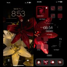 an iphone screen with flowers on it and the time displayed in red, white and black