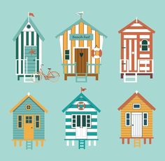 Beach Huts Illustration, Beach Cabana Ideas, Retreat Cabin, Beach Huts Art, Cottage Illustration, Car Stripes, British Beaches, Cute Cottages, Cottage Painting