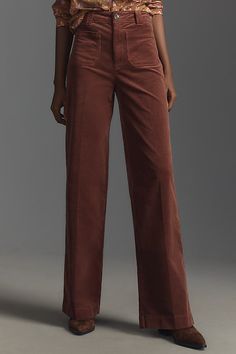 Cut from PAIGE's ultra-soft velvet corduroy (with just the right amount of stretch!), Sasha is a high-rise, wide-leg pant designed with perfectly placed patch pockets. | Sasha Corduroy High-Rise Wide-Leg Jeans by PAIGE in Brown, Women's, Size: 24, Cotton/Elastane/Modal at Anthropologie Brown Wide Leg Jeans, Thrift List, High Rise Wide Leg Jeans, Pants Design, Corduroy Pants, Fall Wardrobe, Soft Velvet, Wide Leg Jeans, Leg Jeans