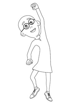 a cartoon character with glasses on his head and arms in the air, raising his hand up