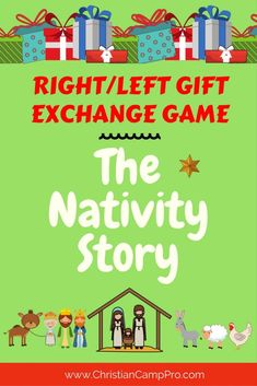 the nativity story for kids with presents and gifts on it, in front of a green