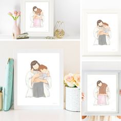 there are three pictures of people holding each other on the shelf next to flowers and vases