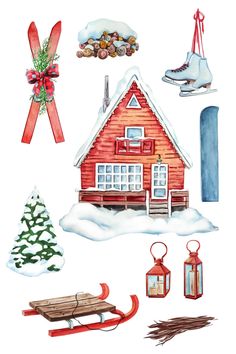 a watercolor drawing of a red house surrounded by snow and christmas decorations on white background