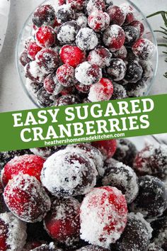 a bowl filled with cranberries covered in powdered sugar