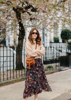 Gucci sunglasses, And Other Stories jumper, Maje dress, Chloe bag Dress With Jumper, Jumper Over Dress, Maxi Skirt And Jumper, Dress And Jumper Outfit, Maxi Skirt Jumper Outfit, Jumper Over Dress Outfit, And Other Stories, Floral Skirt And Jumper Outfit, Floral Skirt And Sweater Outfit