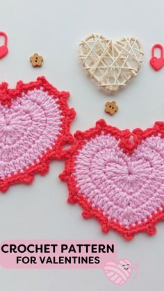 two crocheted hearts are next to each other on a white surface with the words crochet pattern for valentine's day