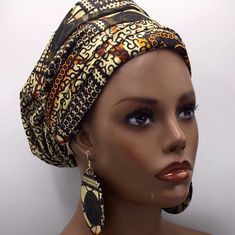 "This head wrap is made of Ankara fabric. There are many ways to wear and tie it so you'll be able to achieve the perfect look for you. It can also be worn as a scarf, shawl, or sash. Not Pre-Tied Matching round earrings are available in multiple sizes. Earrings shown are 3\" and are 2-sided so you get two earrings! Earrings may slightly differ due to the cut of the fabric. The earrings are water proof and light weight. - 2\" Earrings - 3\" Earrings - 100% Cotton - Head Wrap Measures approximate Adjustable Yellow Headscarf In Headband Shape, Adjustable Yellow Headscarf Headband, Yellow Adjustable Headband Headscarf, Adjustable Brown Turban Headband, Adjustable Brown Turban, Adjustable Brown Bohemian Turban, Adjustable Brown Headwrap Headband, Adjustable Brown Headband Wrap, Adjustable Brown Headband Headscarf