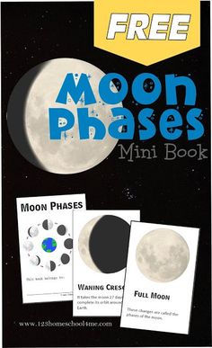 the moon phases mini book is shown in front of a black background with white and blue text