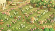 an animal crossing game with many animals in the field and flowers on the ground,