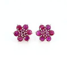 Flower Style 925 Sterling Silver Ruby Studs, July Birthstone Earrings, Round Cut Stone, Christmas Sale, Cyber Sale, Love Earrings For Her ** Product Details > Materials - 925 Sterling Silver > Gemstone - Natural Ruby (White Gold Rhodium Plated) > Gemstone Shape - Round >Earring Length : 11mm Approx >Earring Width : 11mm approx > Gross Weight - 3.960 grams > Setting type - prong setting All the designs are crafted by London jewelers, its our original designs and mostly of them are ready in the stock, we are using Pure 925 (Stamped) Sterling Silver with Gemstones, our jewelry designs are Handmade. We are adding new creative designs in our shop regularly, for new handmade stuff please visit our shop : https://www.etsy.com/in-en/shop/londonjewellers?ref=shop_sugg We always try to provide the b Sterling Silver Flower Earrings For Anniversary, Sterling Silver Cluster Earrings For Gift, Sterling Silver Cluster Jewelry With Matching Earrings, Sterling Silver Gemstone Flower Earrings, Sterling Silver Gemstone Cluster Earrings, Sterling Silver Gemstone Cluster Earrings Fine Jewelry, Sterling Silver Gemstone Cluster Earrings For Anniversary, Sterling Silver Gemstone Earrings For Valentine's Day, Birth Gems