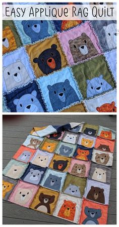 an easy applique rag quilt with teddy bears on the front and back side