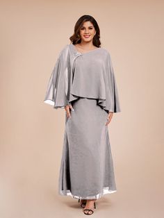 Silver Flowy Dresses For Mother Of The Bride, Mother Of The Bride Dress With Sweep Train, Formal Flowy Georgette Mother Of The Bride Dress, Flowy Georgette Mother Of The Bride Dress For Wedding, Wedding Dress With Sweep Train In Georgette, Georgette Wedding Dress With Sweep Train, Chiffon Mother Of The Bride Floor-length Dress For Wedding, Evening Flowy Georgette Mother Of The Bride Dress, Flowy Georgette Evening Dress For Mother Of The Bride