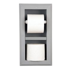 two rolls of toilet paper in a gray cabinet