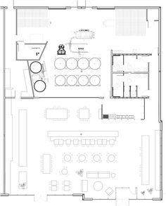 the floor plan for a restaurant with tables and chairs, seating areas, and an open kitchen