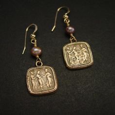 Handmade reproduction of intaglio earrings representing this great odyssey scene of Odysseus returning to his queen Penelope. The cameo represents Queen of Ithaca, Penelope, being led in secret by her lady in waiting to her husband, Odysseus, who went missing during the Trojan War.The Odyssey is a Greek epic poem traditionally attributed to Homer, describing the travels of Odysseus during his ten years of wandering after the fall of Troy. He eventually returned home to Ithaca and killed the suit Byzantine Jewelry With Matching Earrings For Anniversary, Intaglio Drop Earrings For Gift, Engraved Brass Earrings For Anniversary, Byzantine Style Pierced Earrings As Gift, Handmade Byzantine Wedding Earrings, Heirloom Engraved Earrings As Gift, Odysseus And Penelope, Antique Cameo Jewelry, Crow Necklace