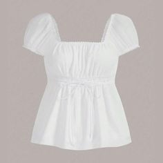 Lasaky - Seductive Top with Elastic Waist Drawstring Fitted Dress Cute White Shirts, White Puff Sleeve Top, White Summer Shirt, Cute White Tops, Cream Shirt, Drawstring Dresses, Drawstring Top, Ruffle Shirt, Crewneck Dress