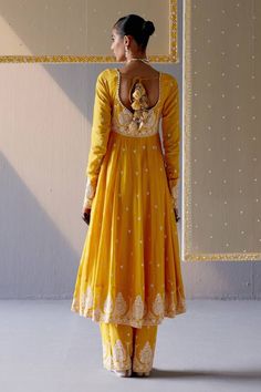 Mango yellow anarkali with mirror and thread embroidery and back cutout detail. Paired with an embroidered pant and dupatta. - Aza Fashions Yellow Anarkali, Yellow Mirror, Mango Yellow, Embroidered Pants, Thread Embroidery, Pants Pattern, Set For Women, Anarkali, Aza Fashion