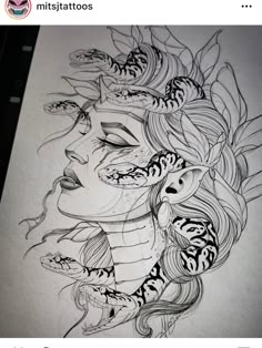 a drawing of a woman with snakes on her face