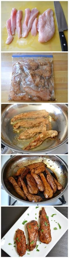 four different types of food being cooked in pans