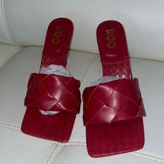 **Red Mules **Never Worn **Size Us 9 Red Synthetic Sandals With Pointed Toe, Red Pointed Toe Synthetic Sandals, Red Synthetic Pointed Toe Sandals, Casual Burgundy Party Heels, Casual Red Sandals With Padded Heel, Red Synthetic Slip-on Heels, Casual Red Heels With Padded Heel, Trendy Red Square Toe Heels, Casual Red Leather Heels