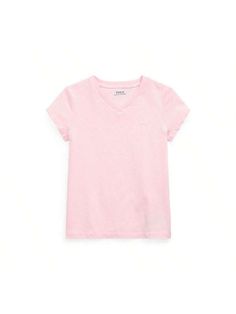 This essential T-shirt is washed for a perfectly broken-in look and feel. 
16" body length (front and back) 
Signature embroidered Pony at the left chest 
V-neck 
Short sleeves 
All cotton 
Machine washable 
Imported 
Polo Ralph Lauren | Toddler And Little Girls Short Sleeve Cotton Jersey V-Neck T-Shirt Hint of Pink   Short Sleeve  Plain    Baby Girls Clothing, size features are:Bust: ,Length: ,Sleeve Length: Roll Up Sleeves, Pink Shorts, Girls Clothing, Short Girls, Maternity Bag, Sleeve Cotton, Shirt Sleeves, Kid Shoes