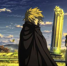 two anime characters are standing in front of a tall tower and looking at each other