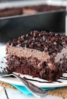 a piece of chocolate cake on a plate with a fork