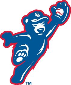 a blue and red bear mascot with the number 8 on it's chest is in mid - air