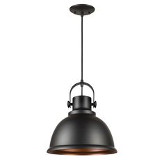 an industrial style pendant light with black metal finish and brown wood accents on the bottom