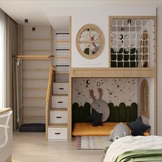 a child's bedroom with a bunk bed and stairs