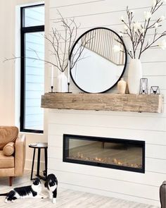 a living room with a fire place and a mirror on the wall next to it