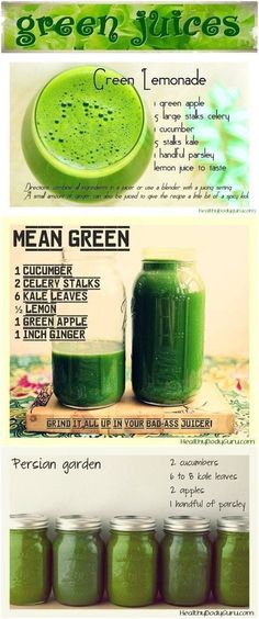 green juices in jars with instructions on how to make them and what to use them