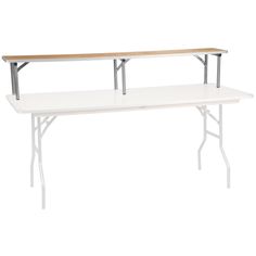 a white table with two wooden top and one metal frame on the bottom, against a white background