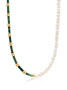 Natural Green Jade Tube Beads Cultured Freshwater Pearls Lock and Logo Balls in Stainless Steel with Gold Plating Length: 19 Inches / 48.26 cm Product Code: WNECK_250 Designer's NotesHandcrafted in our LA studio from genuine green Jade and cultured freshwater pearls , this necklace is the perfect statement piece. This piece can be worn solo or with other gold necklaces in a festive stack. Please note that all our pieces are crafted by hand and one-of-a-kind, and may therefore vary slightly in si Beaded Pearl Necklace, Pearl Clasp, Designer Handmade Jewellery, Jewelry Beaded, Bead Chain, Gold Necklaces, Freshwater Cultured Pearls, Green Necklace, Green Jade