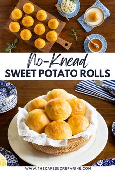 the recipe for no knead sweet potato rolls is shown on a plate and in a bowl