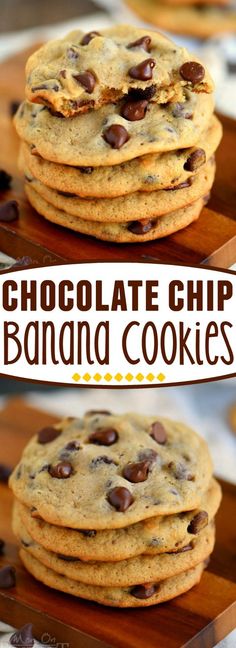 chocolate chip banana cookies stacked on top of each other with the title in the middle